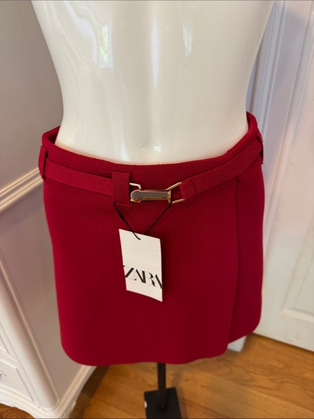 Zara Crimson Mini Skirt with Gold Buckle